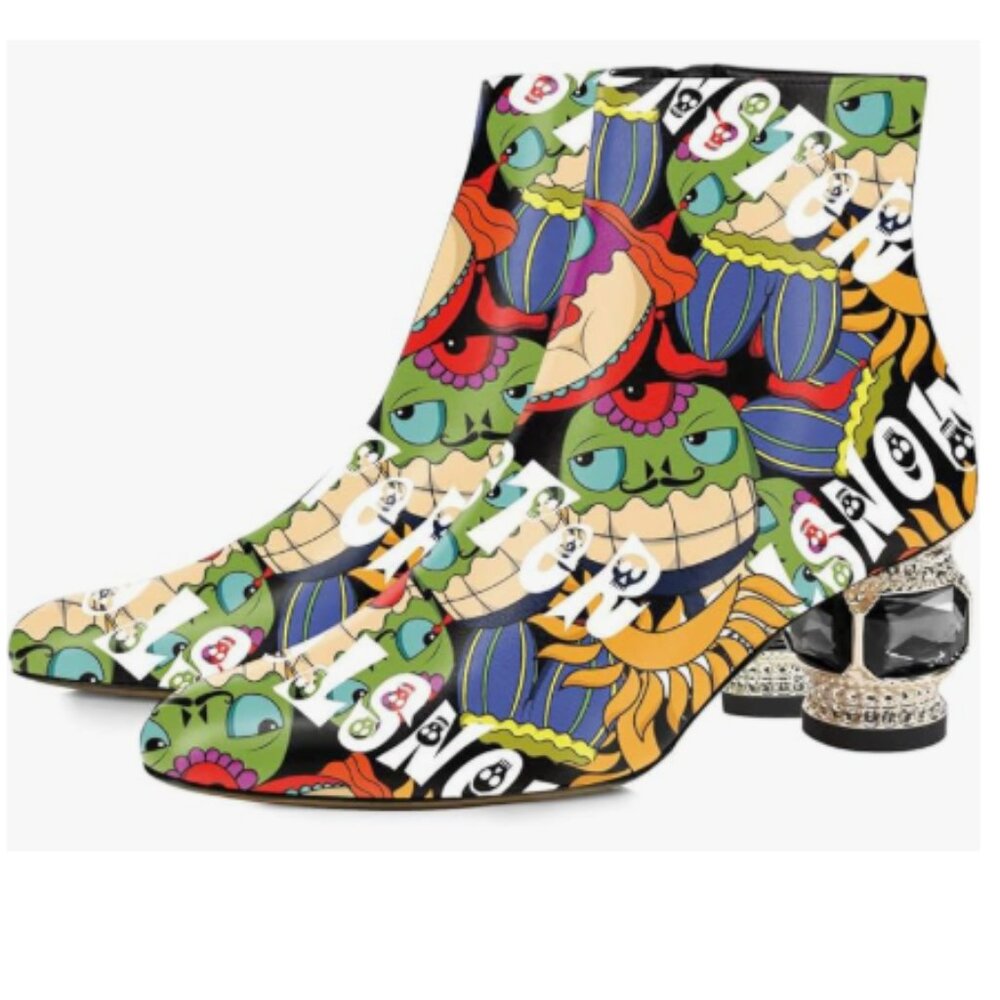 FSJ Cartoon Round Toe Crystal Block Low Heel Ankle Boots Side Zipper Shoes